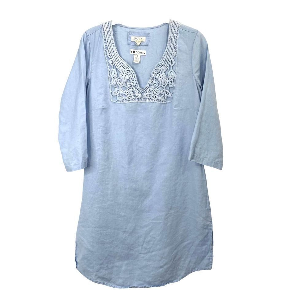 Malvin 100% linen lace tunic top mini dress Sz S baby blue boho lagenlook